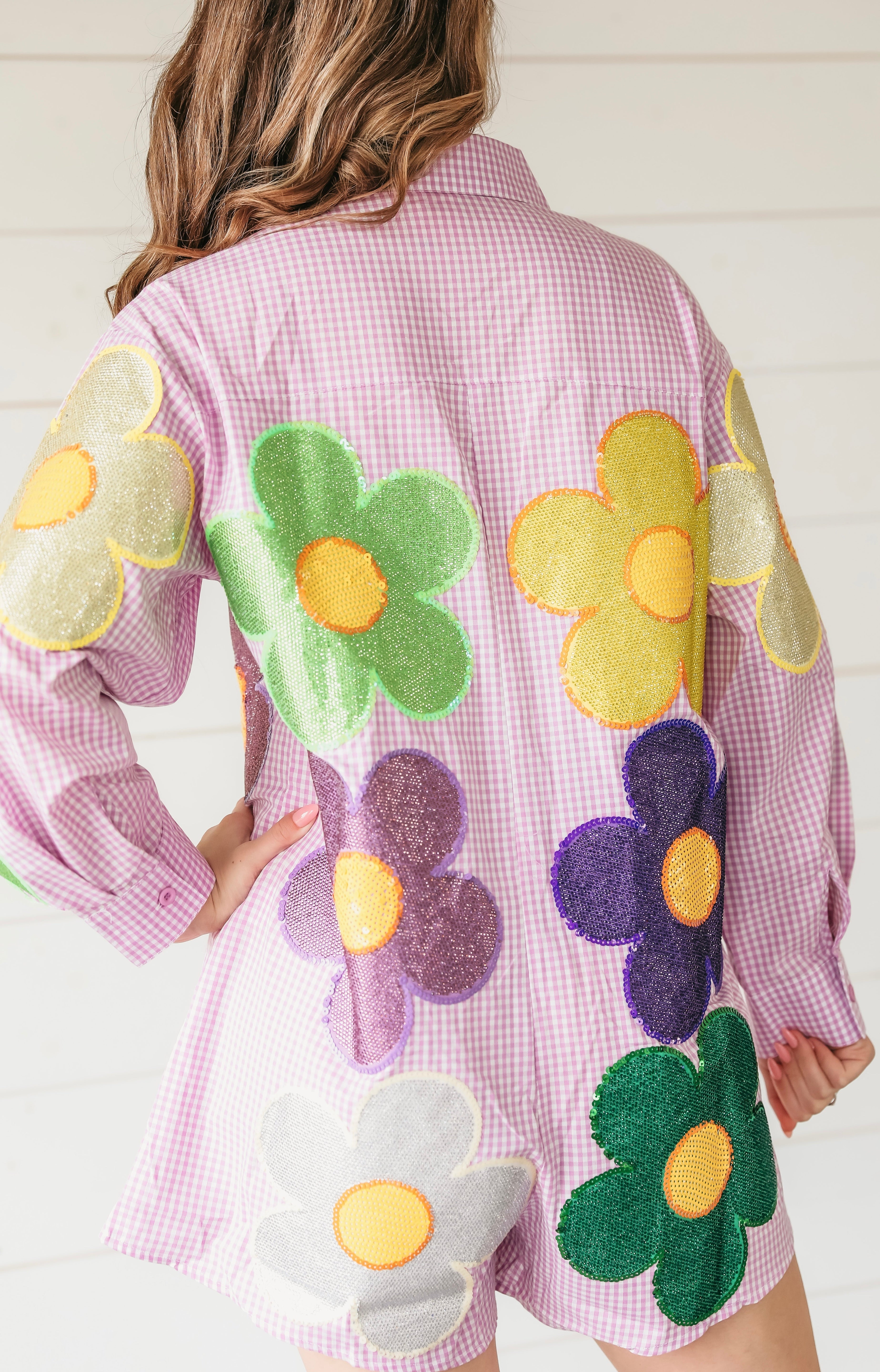 QUEEN OF SPARKLES PURPLE AND WHITE GINGHAM OVERSIZED FLOWER ROMPER MARDI GRAS - Romper