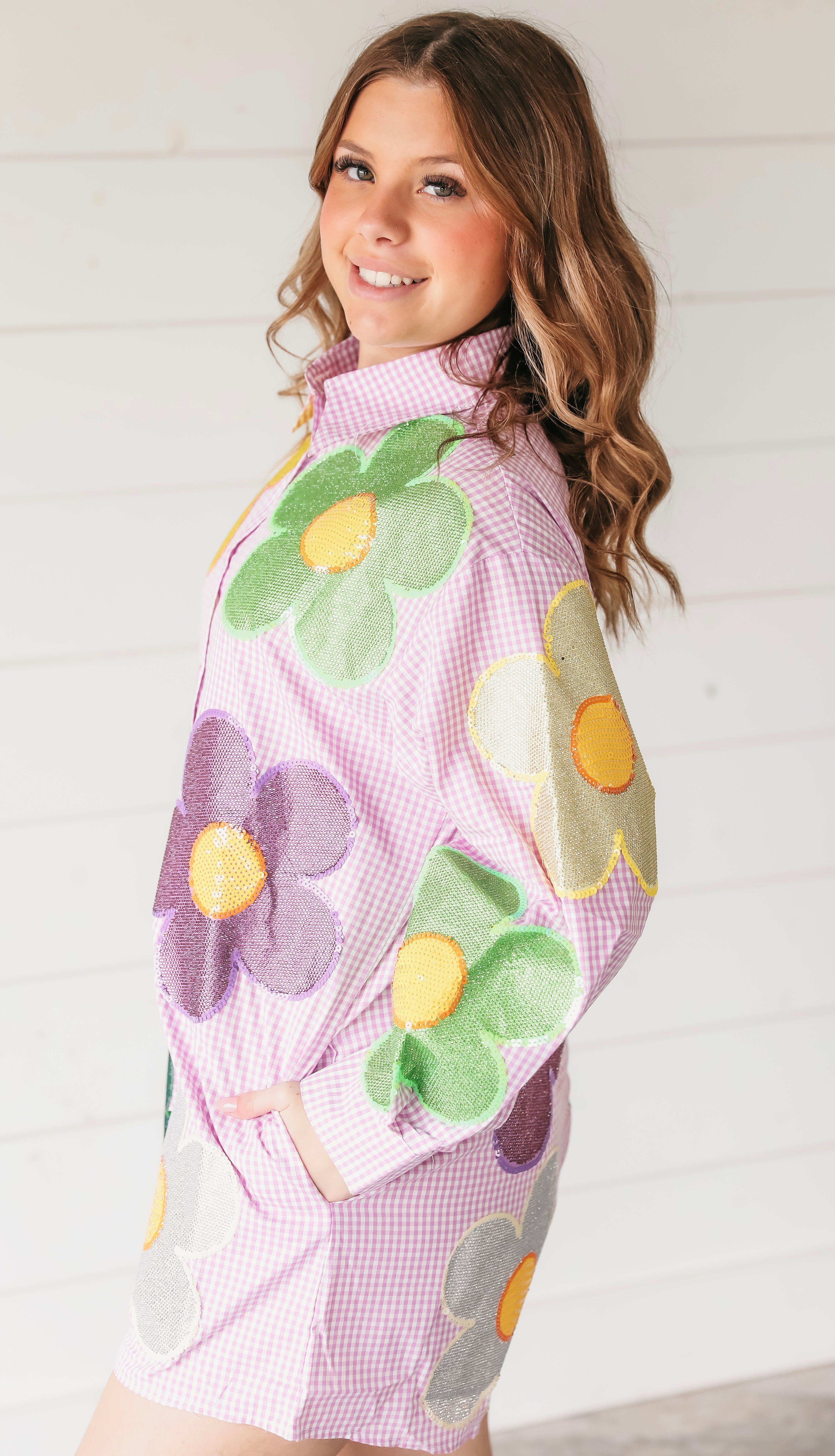 QUEEN OF SPARKLES PURPLE AND WHITE GINGHAM OVERSIZED FLOWER ROMPER MARDI GRAS - Romper