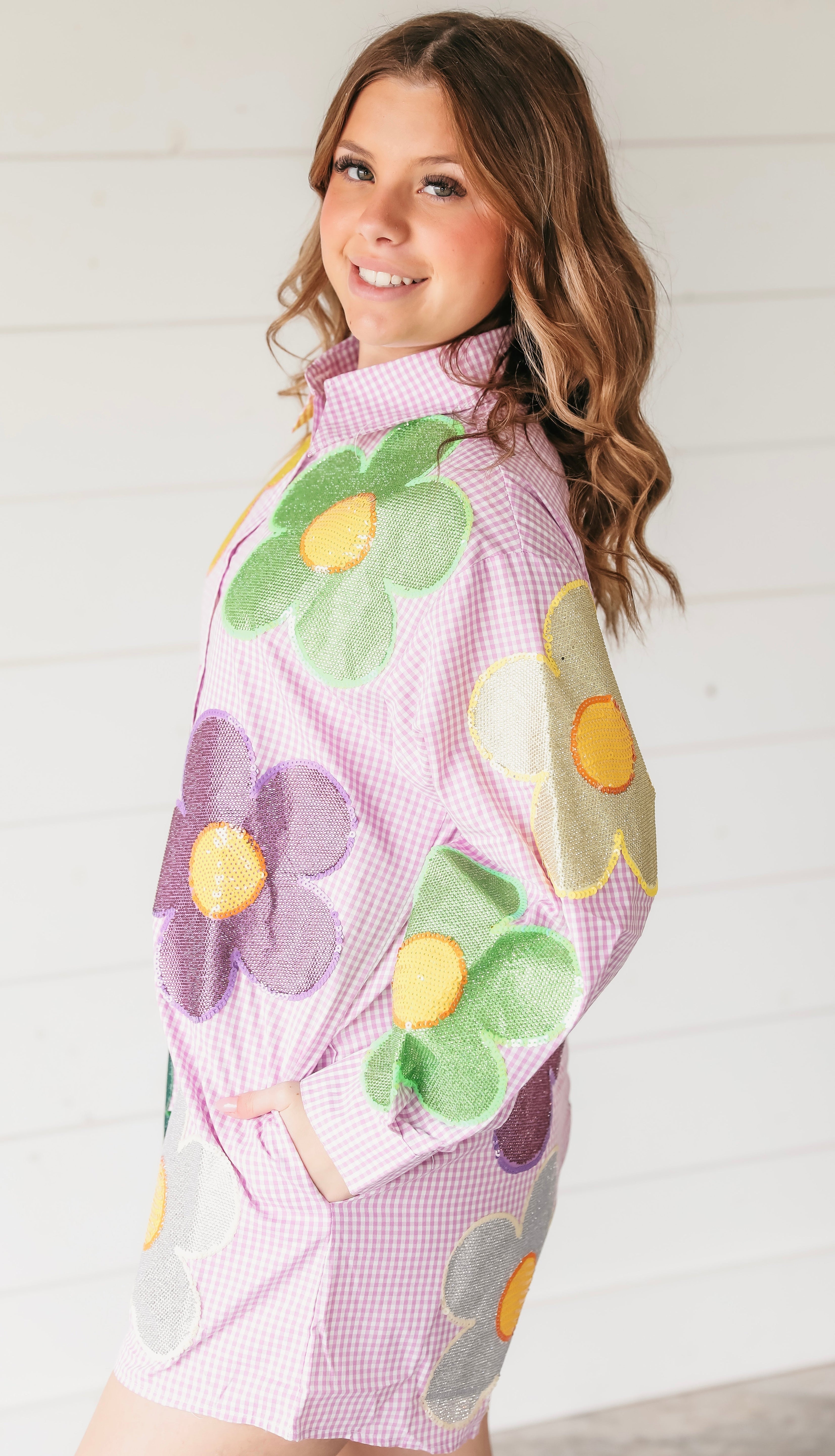 QUEEN OF SPARKLES PURPLE AND WHITE GINGHAM OVERSIZED FLOWER ROMPER MARDI GRAS - Romper