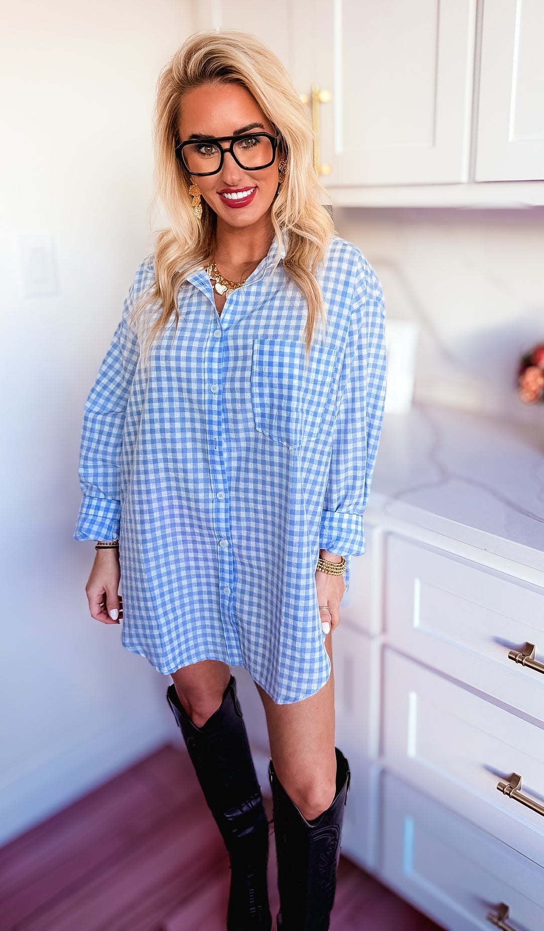 MIMOSA BLUE GINGHAM BUTTON DOWN TOP - Tops