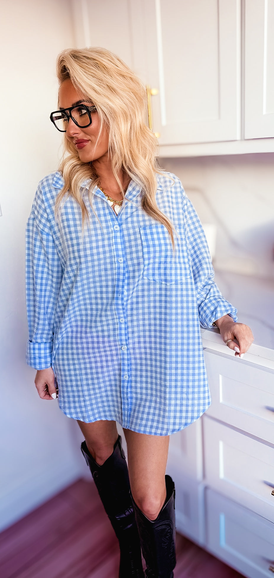 MIMOSA BLUE GINGHAM BUTTON DOWN TOP - Tops