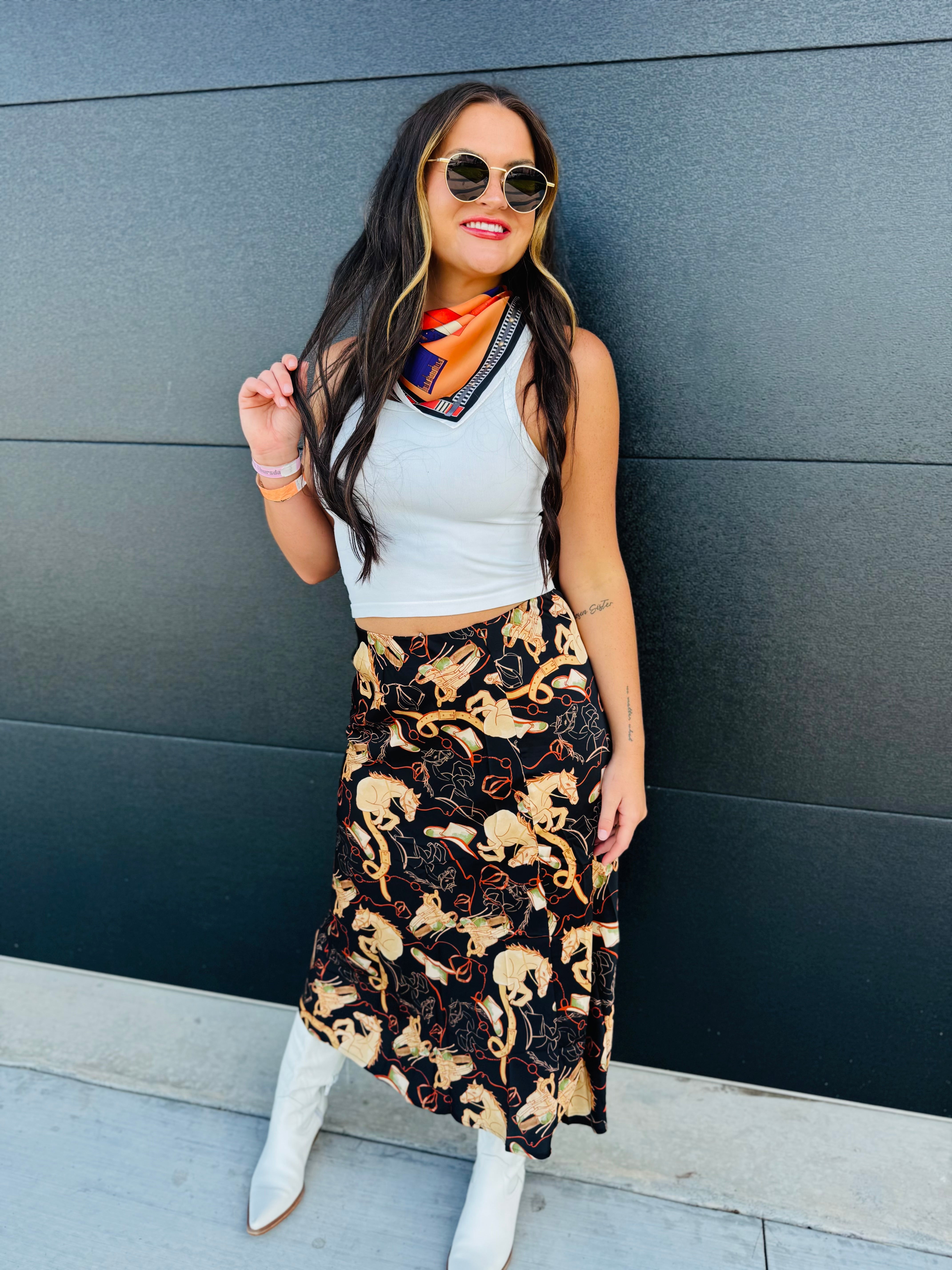 MULTI PRINT BLACK EQUESTRIAN SKIRT - Bottoms