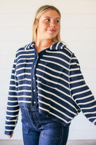 NAVY COLLARED STRIPED BUTTON DOWN SWEATER - Tops