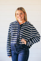 NAVY COLLARED STRIPED BUTTON DOWN SWEATER - Tops