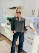 ENTRO LONG SLEEVE TOP WITH CREAM FLORAL EMBROIDERY - Tops