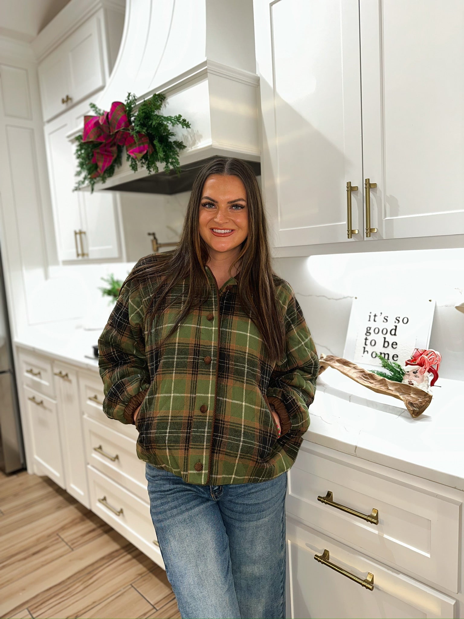 &MERCI OLIVE MULTI PLAID QUILTED PUFFER JACKET - Tops