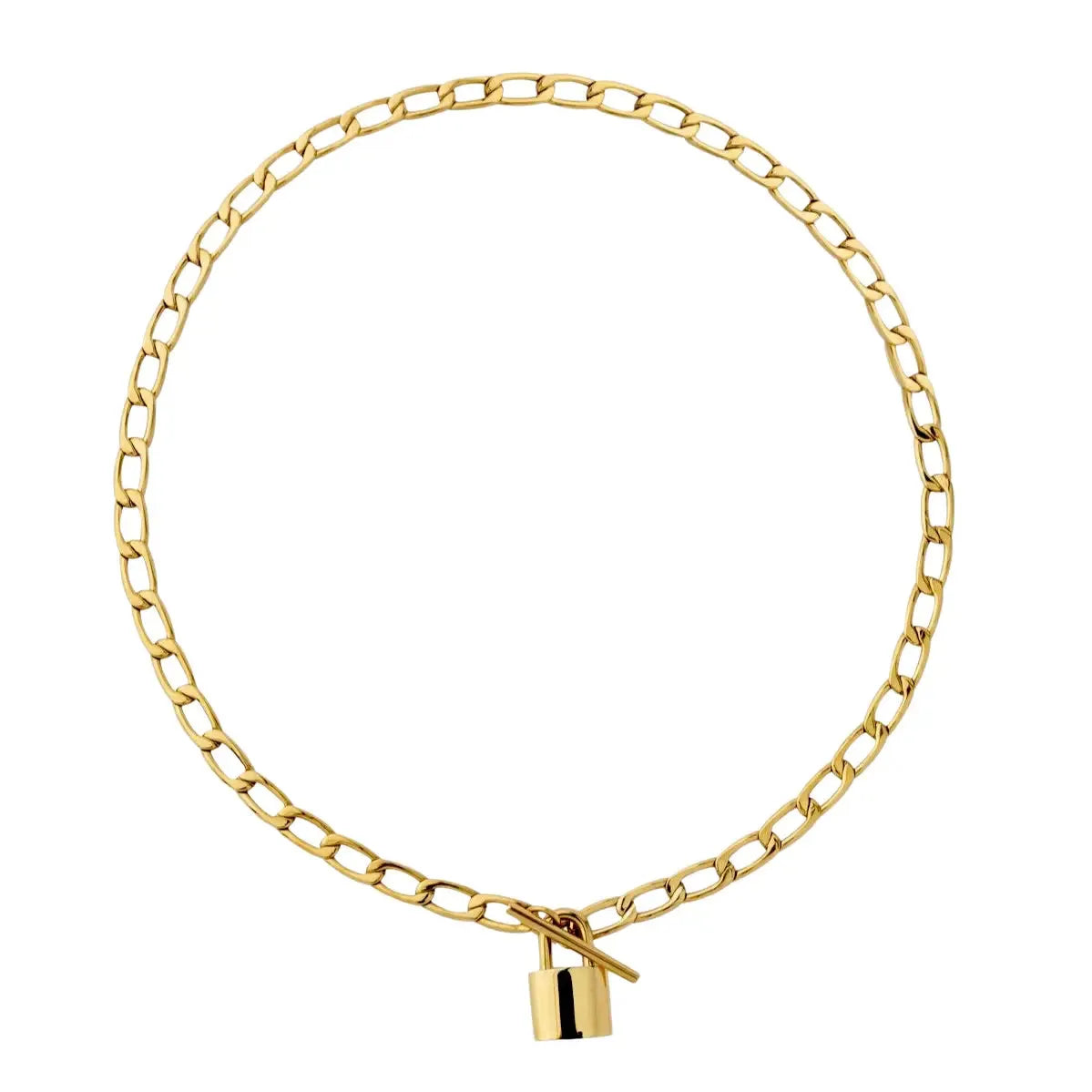 Gold Paddington lock necklace with a thick, chunky chain and a small padlock pendant with a T-bar closure.