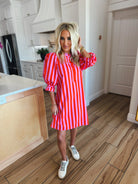 Pink and Red Striped Ruffle Neck Cotton Dress