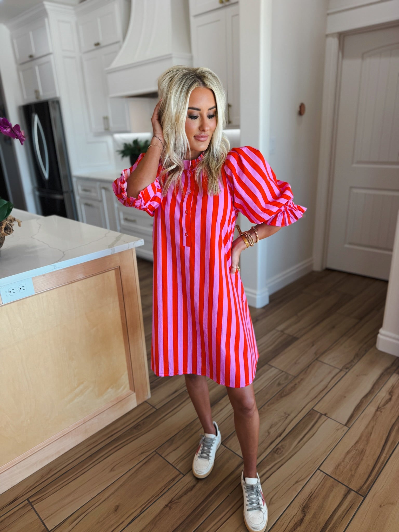 Pink and Red Striped Ruffle Neck Cotton Dress