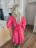Pink and Red Striped Ruffle Neck Cotton Dress
