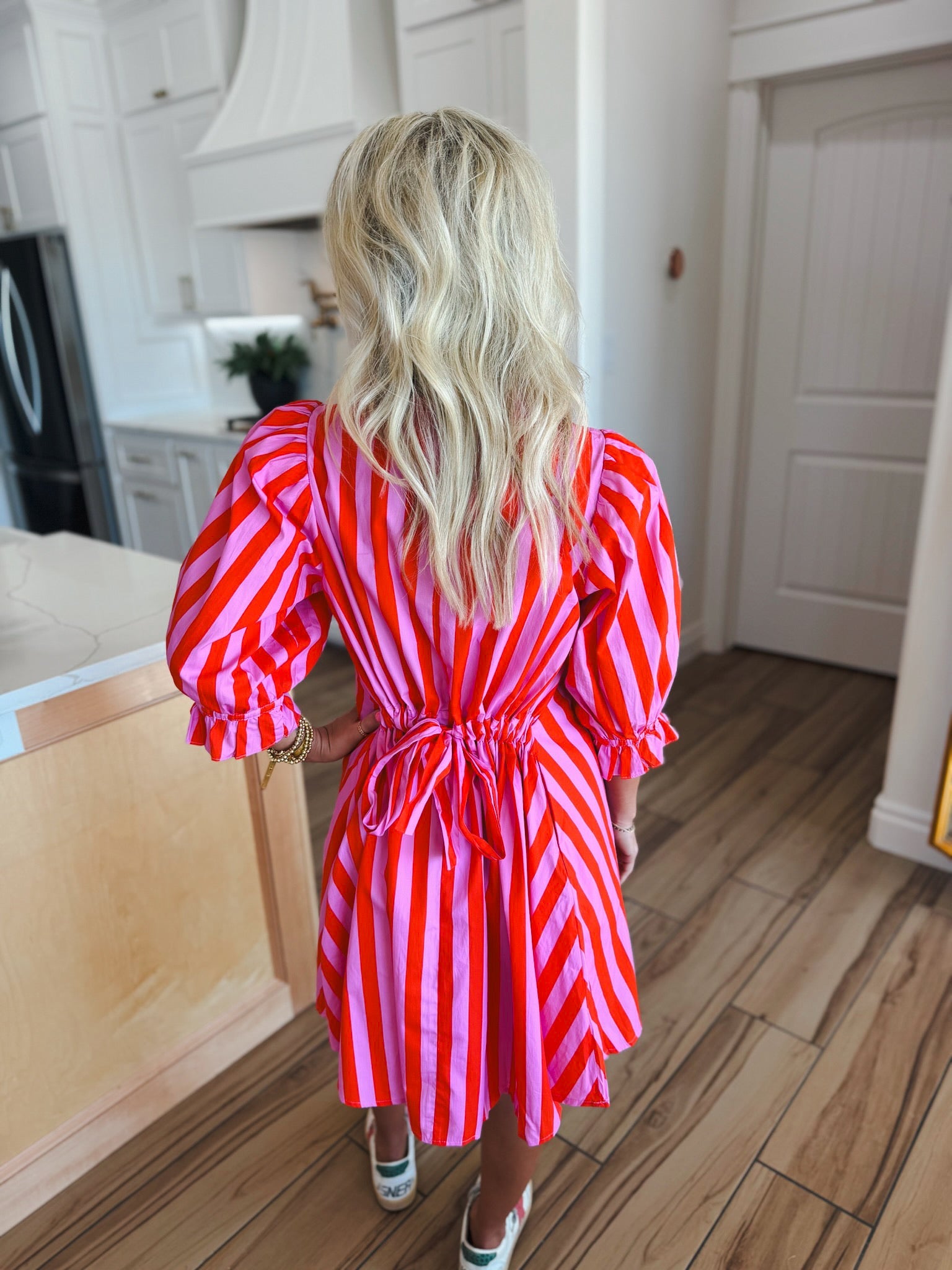 Pink and Red Striped Ruffle Neck Cotton Dress