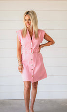 Pink Denim Sleeveless Tailored Dress with Gold Buttons