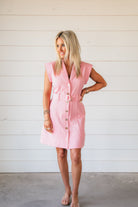 Pink Denim Sleeveless Tailored Dress with Gold Buttons