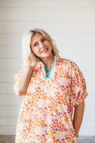 Pink Leopard Midi Dress with Contrast V Neck Collar - Dress