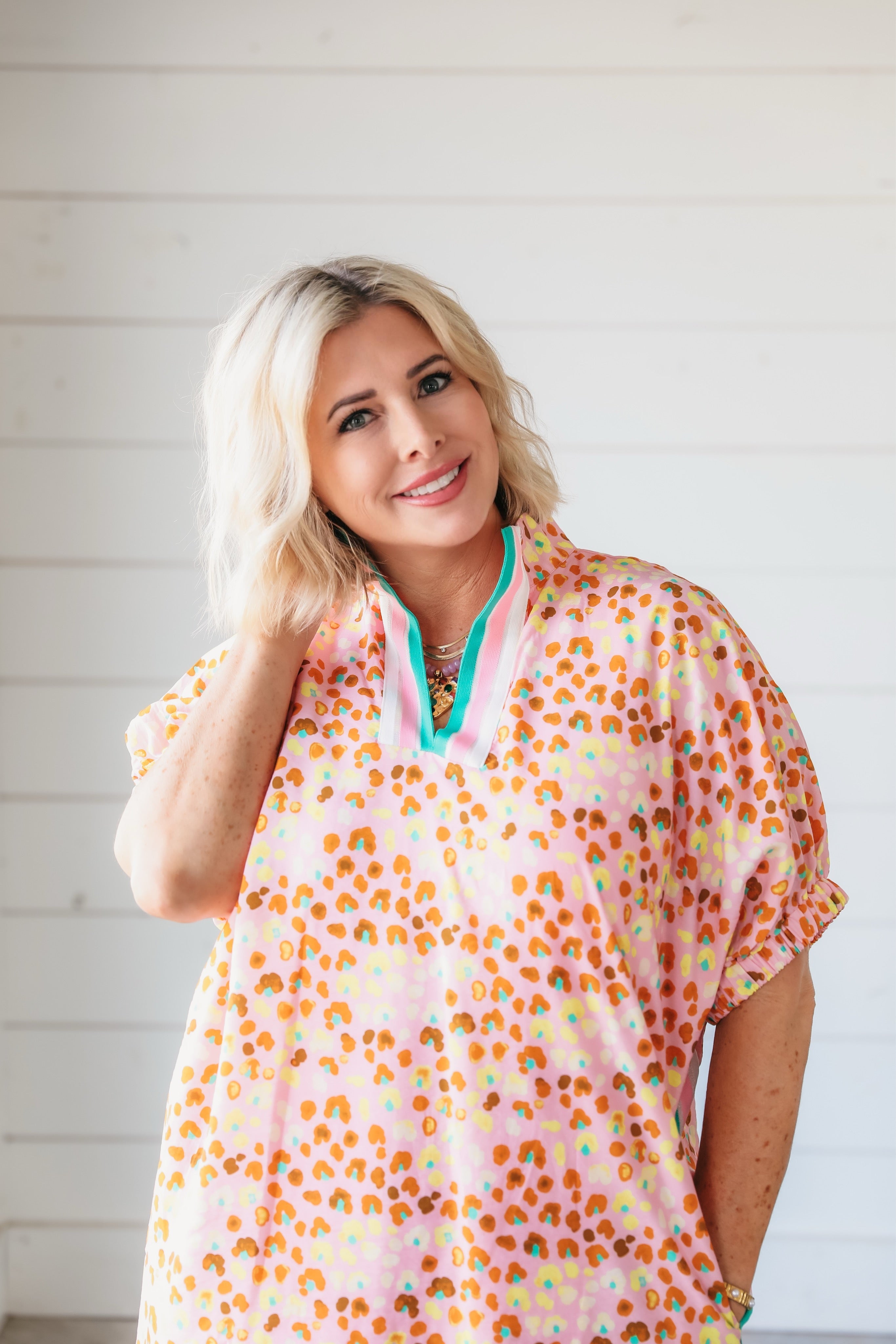 Pink Leopard Midi Dress with Contrast V Neck Collar - Dress