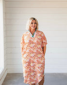 Pink Leopard Midi Dress with Contrast V Neck Collar - Dress