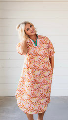 Pink Leopard Midi Dress with Contrast V Neck Collar - Dress