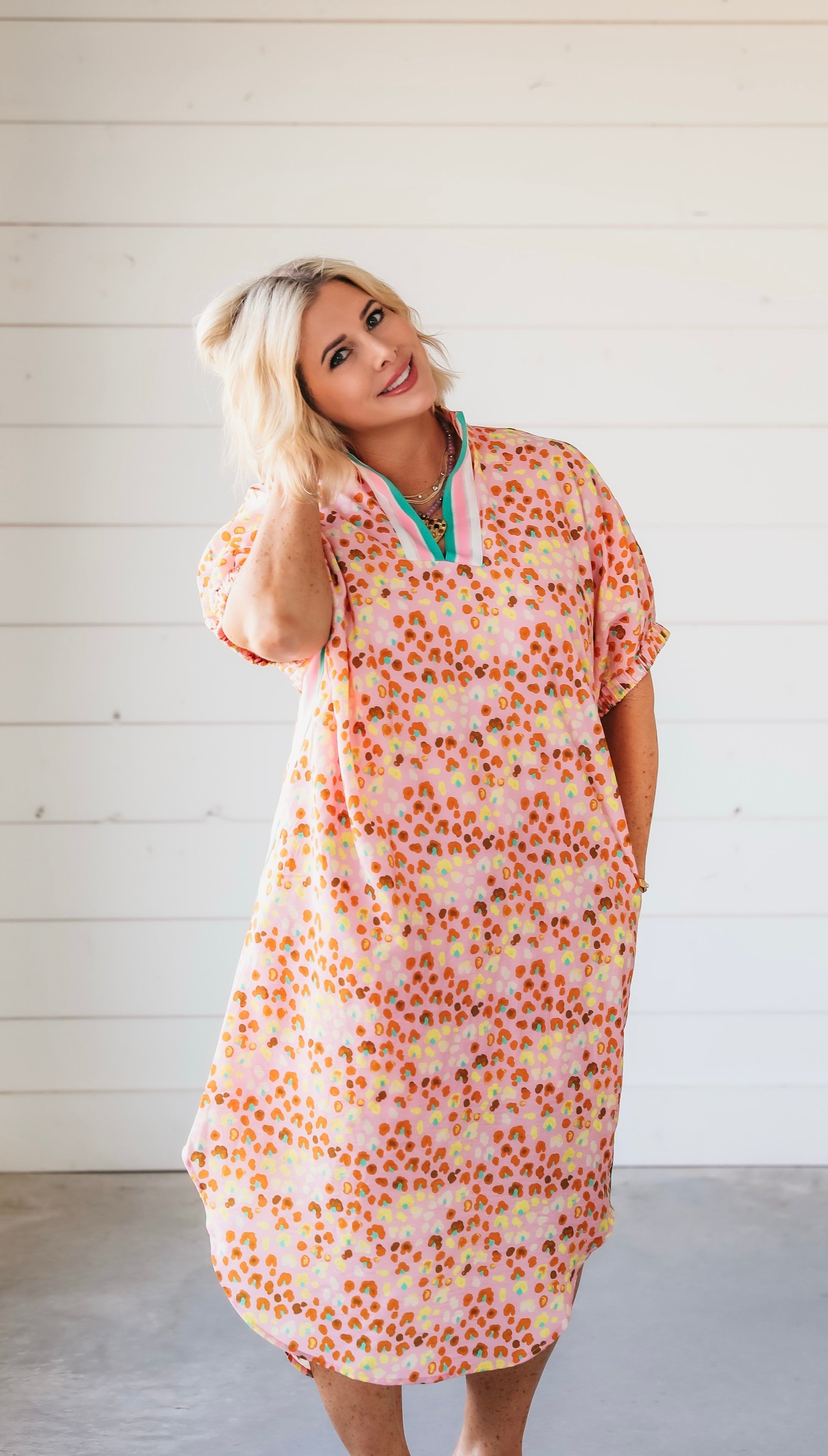 Pink Leopard Midi Dress with Contrast V Neck Collar - Dress