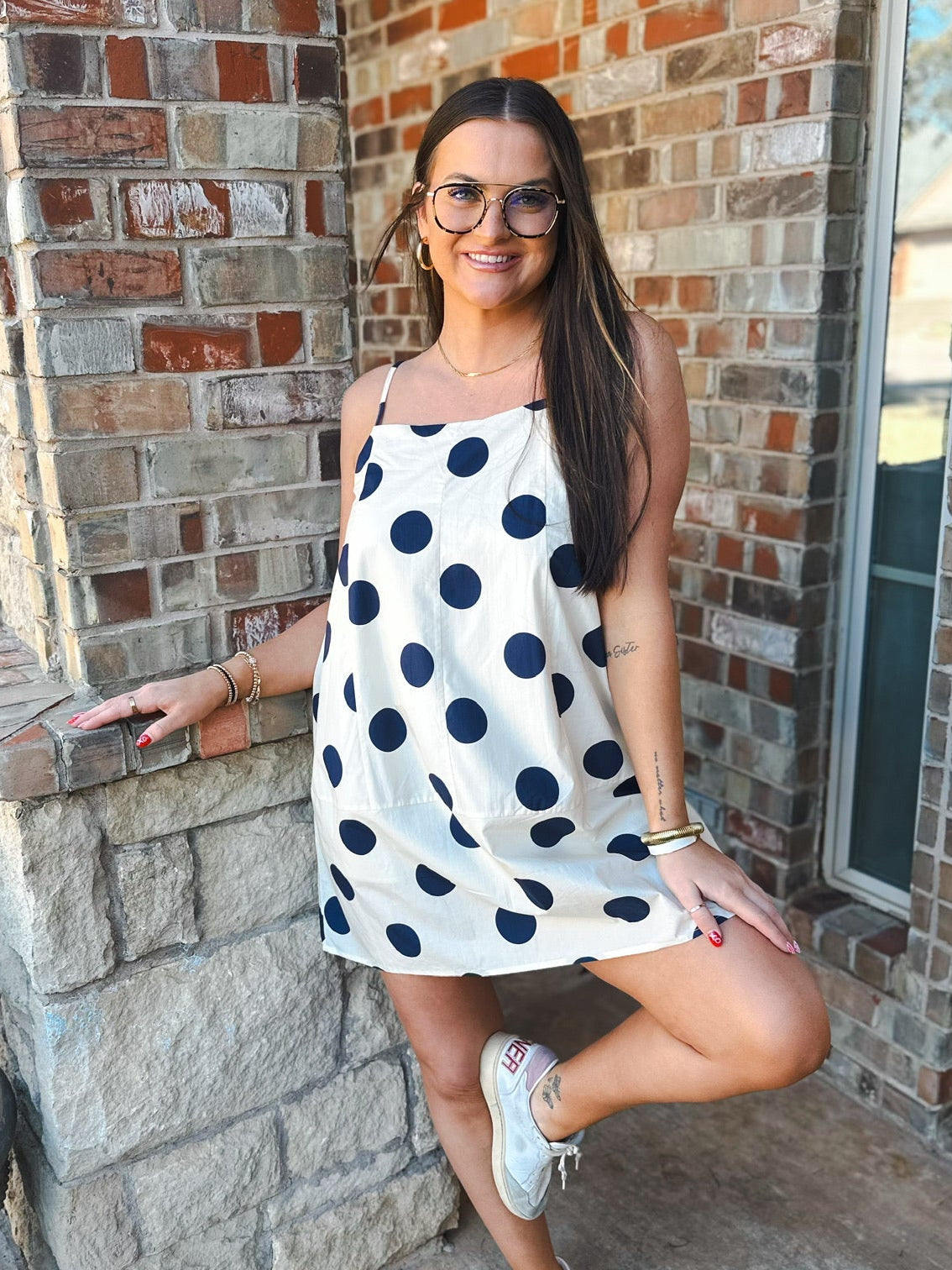 Polka Dot Back Strap Bow Mini Dress- Navy and Cream - Dress