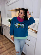 QUEEN OF SPARKLES COLORBLOCK SKI GOGGLE REFLECTION MOCK NECK SWEATSHIRT - Tops