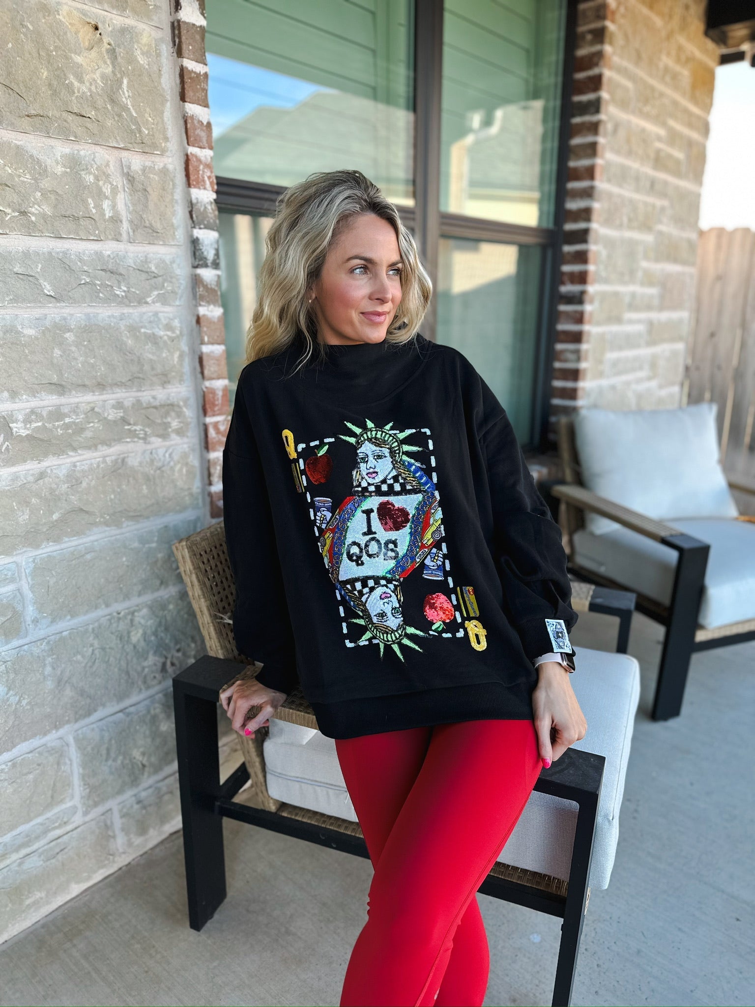 QUEEN OF SPARKLES BLACK NYC QUEEN CARD MOCK NECK SWEATSHIRT - Tops