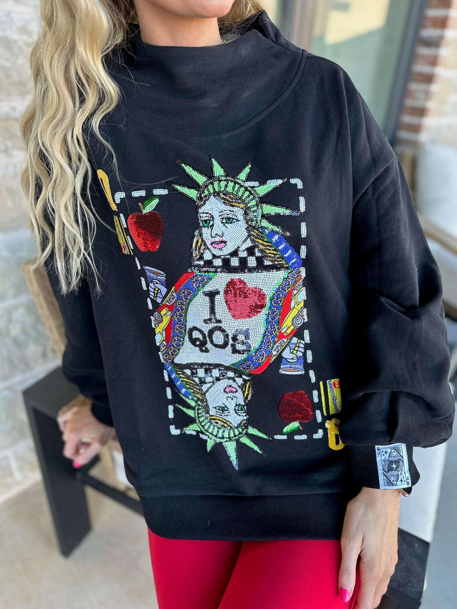 QUEEN OF SPARKLES BLACK NYC QUEEN CARD MOCK NECK SWEATSHIRT - Tops