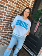 QUEEN OF SPARKLES WHITE AND BLUE RHINESTONE BRIDE SWEATSHIRT - Tops