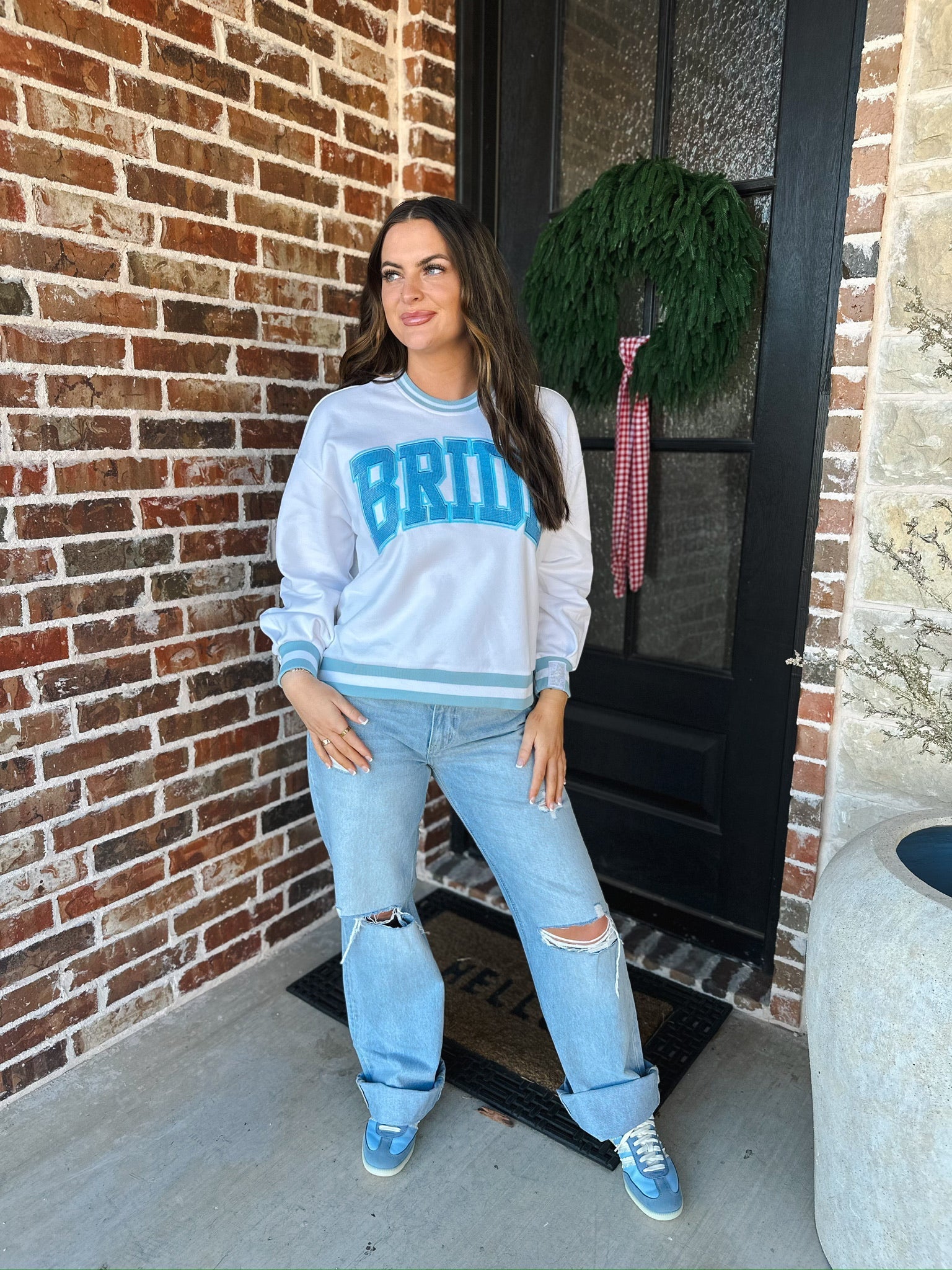 QUEEN OF SPARKLES WHITE AND BLUE RHINESTONE BRIDE SWEATSHIRT - Tops