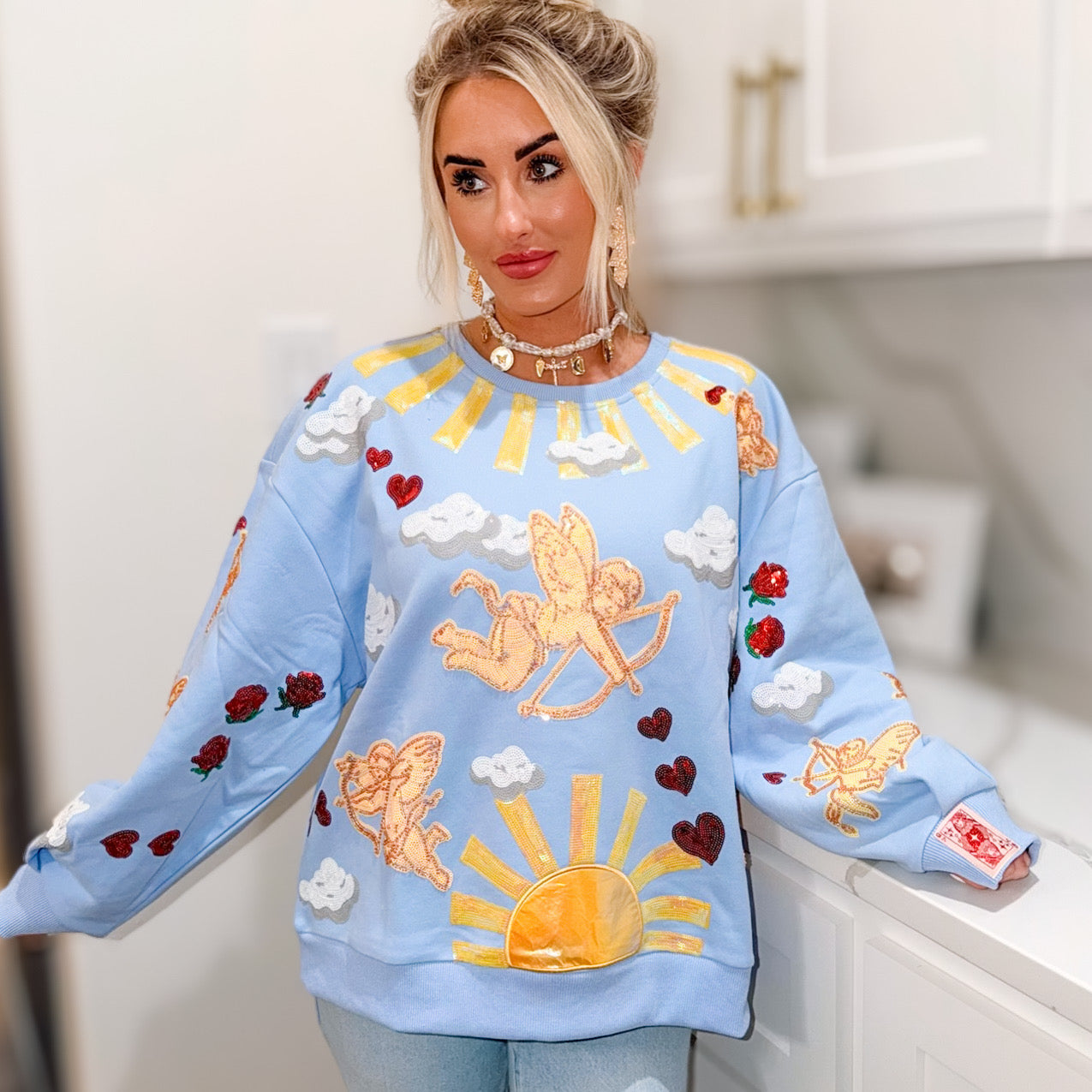 QUEEN OF SPARKLES LIGHT BLUE CUPID IN THE SKY SWEATSHIRT - Tops