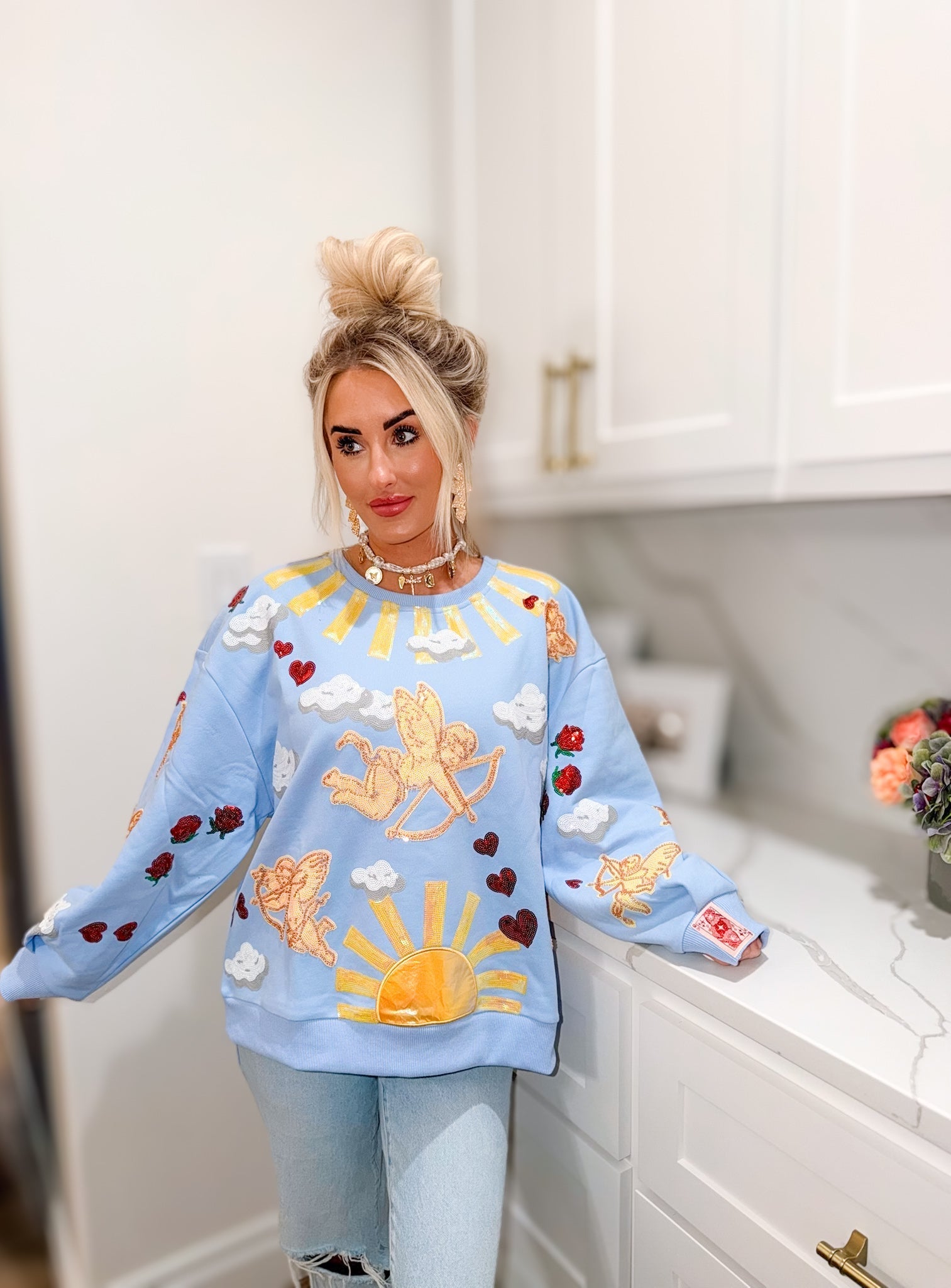 QUEEN OF SPARKLES LIGHT BLUE CUPID IN THE SKY SWEATSHIRT - Tops