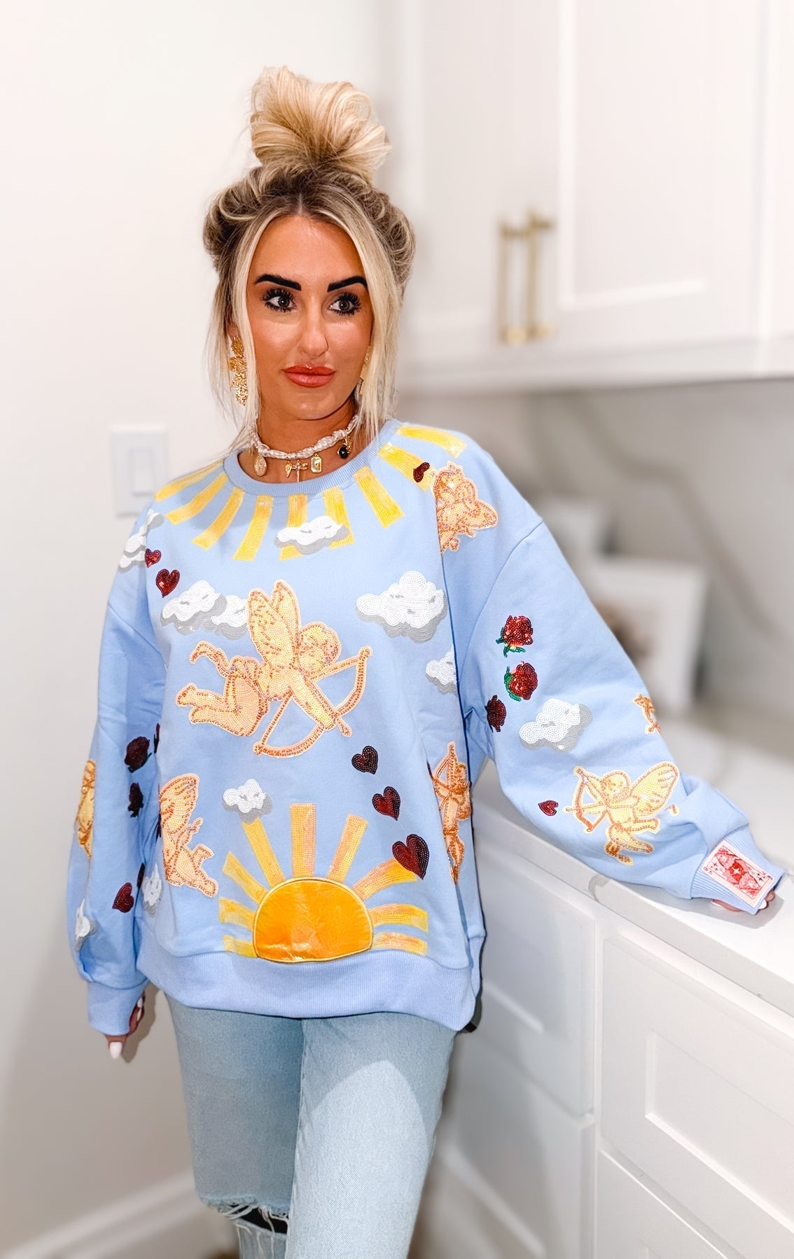 QUEEN OF SPARKLES LIGHT BLUE CUPID IN THE SKY SWEATSHIRT - Tops