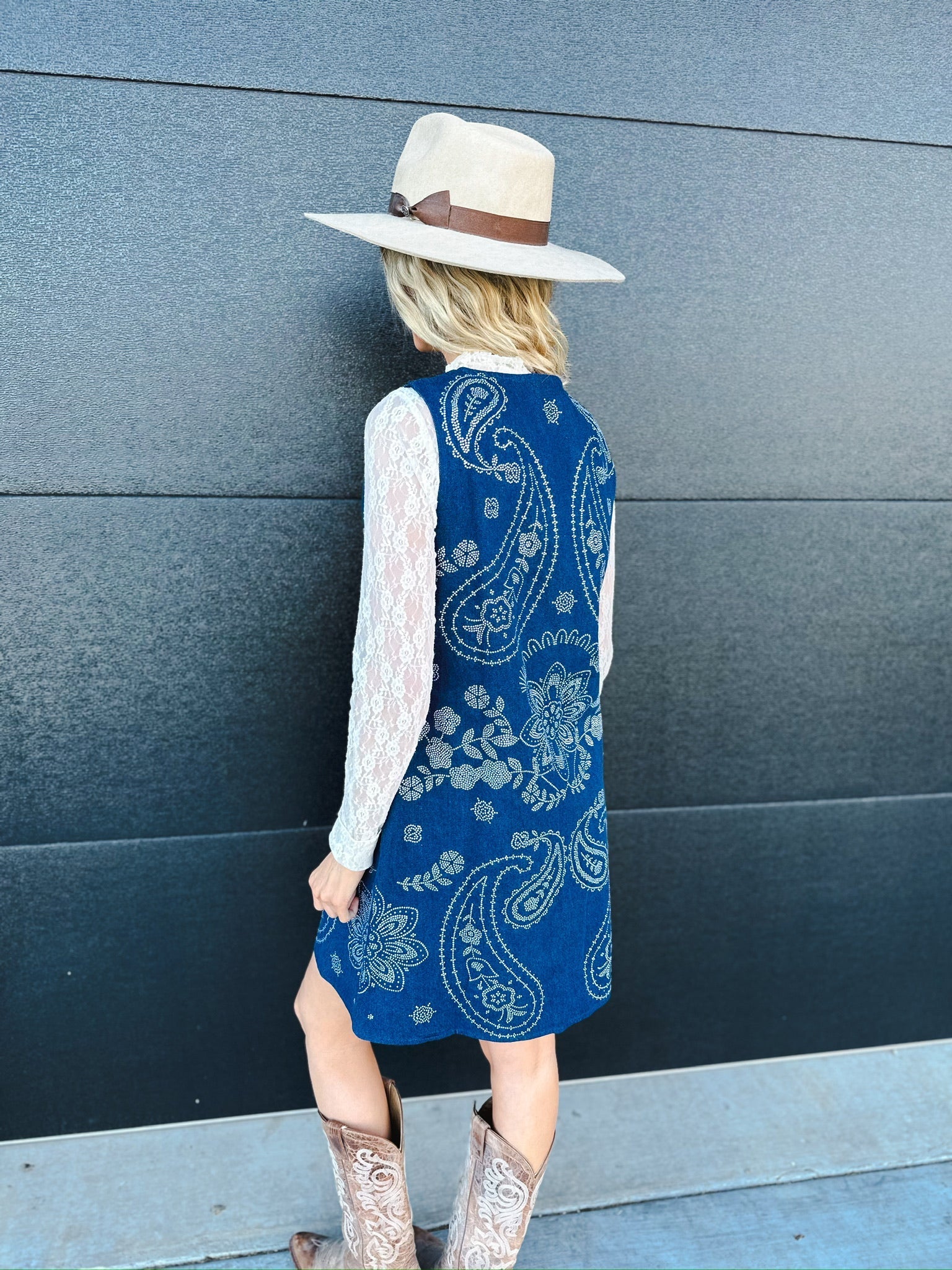 QUEEN OF SPARKLES DENIM SEQUIN PAISLEY BUTTON UP TANK DRESS - Dress