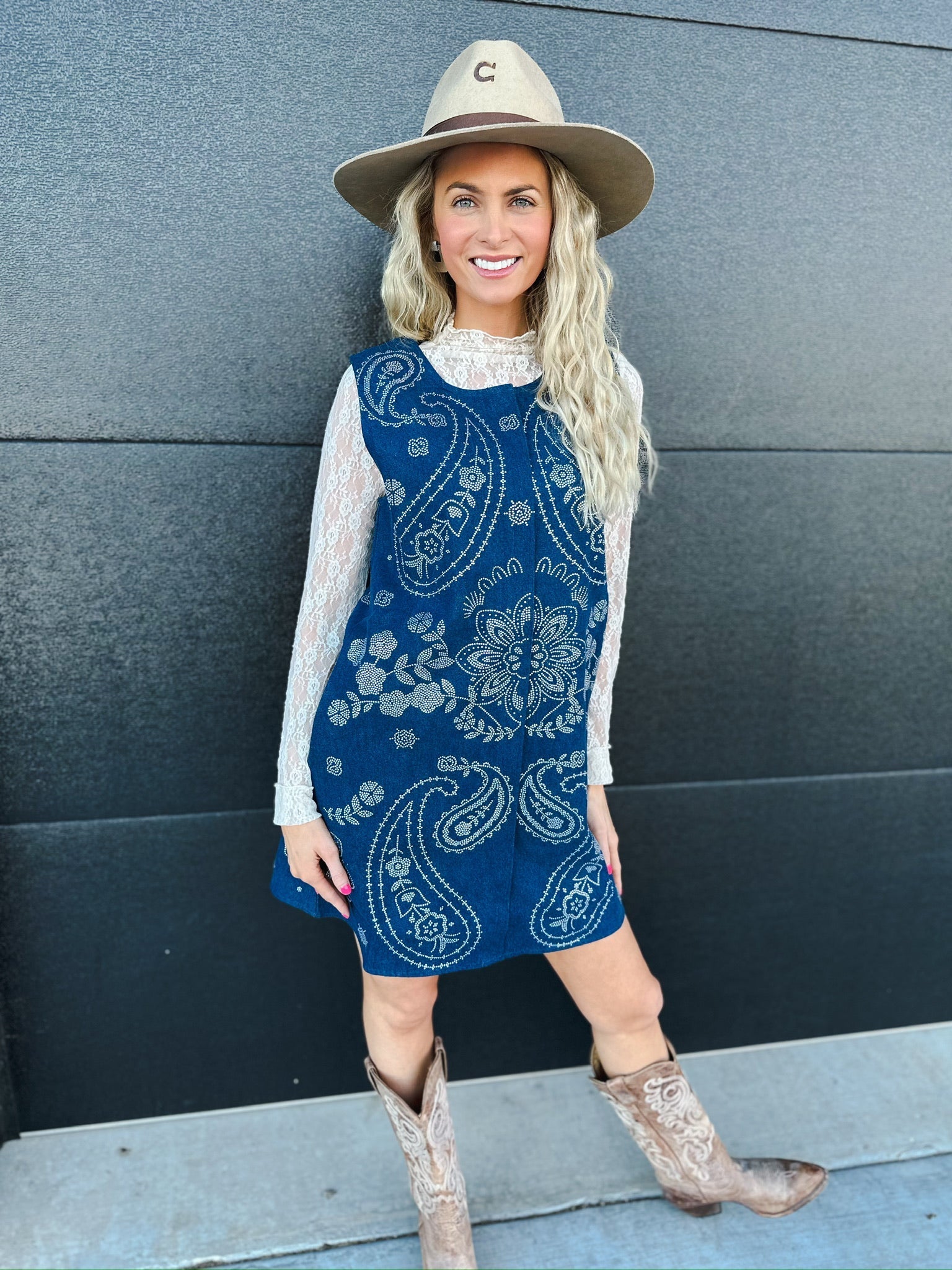 QUEEN OF SPARKLES DENIM SEQUIN PAISLEY BUTTON UP TANK DRESS - Dress