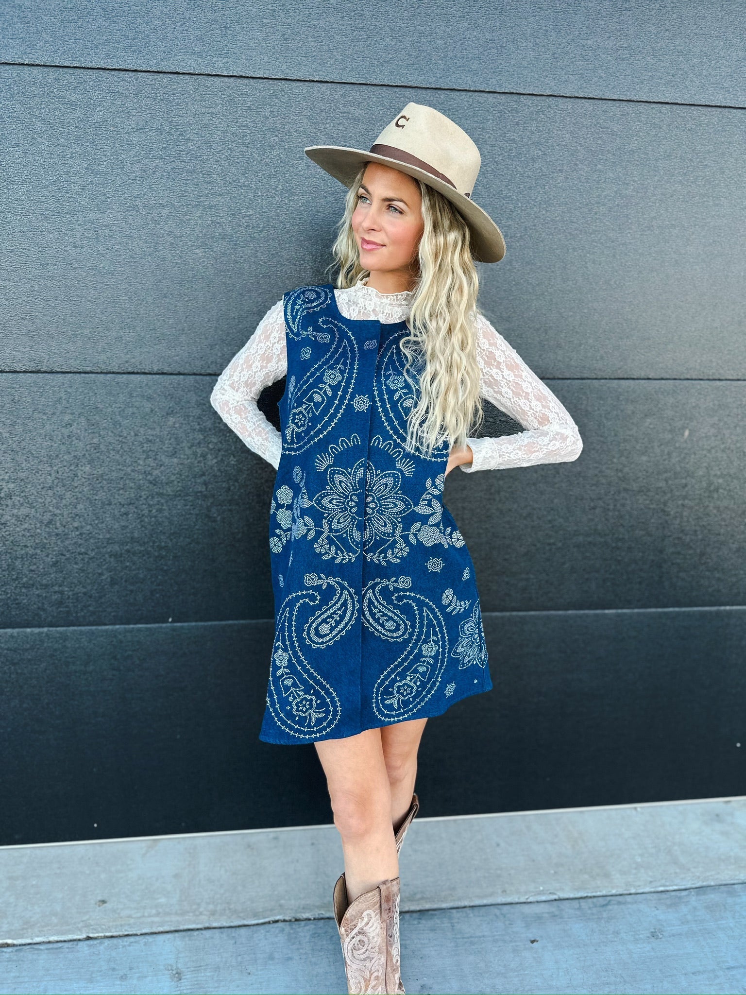 QUEEN OF SPARKLES DENIM SEQUIN PAISLEY BUTTON UP TANK DRESS - Dress