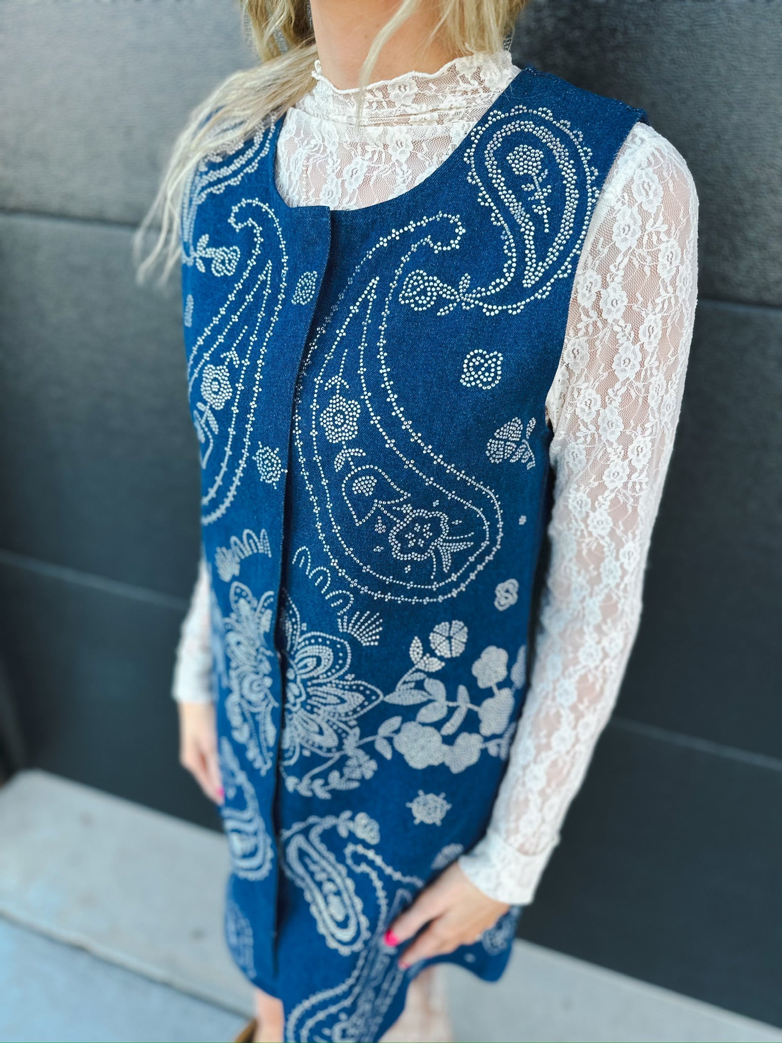 QUEEN OF SPARKLES DENIM SEQUIN PAISLEY BUTTON UP TANK DRESS - Dress