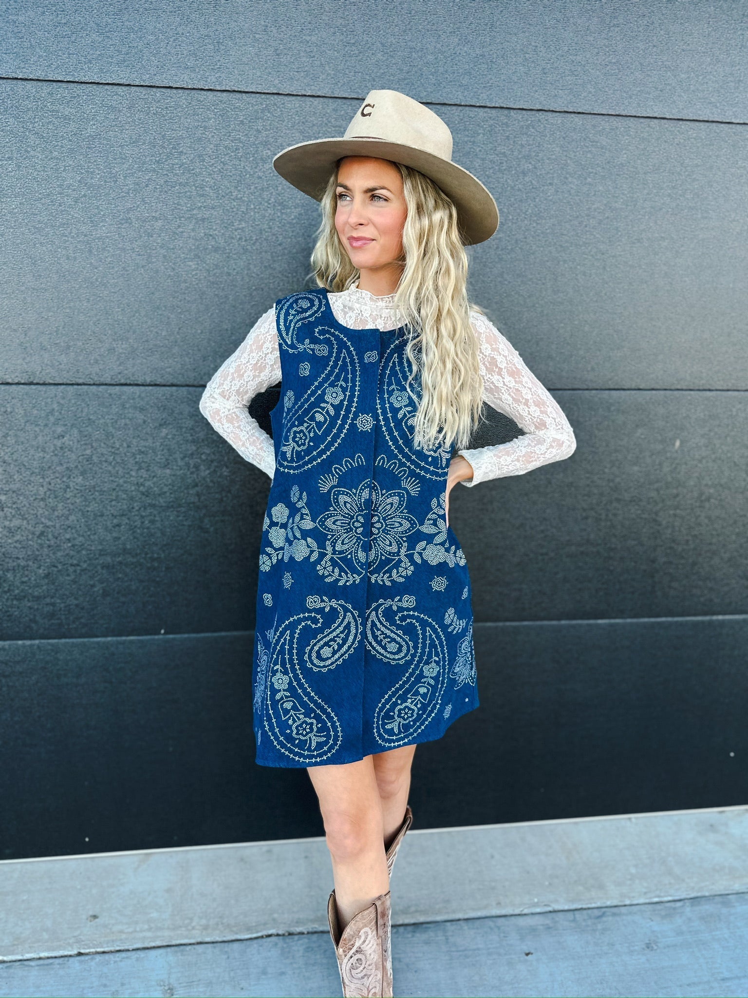 QUEEN OF SPARKLES DENIM SEQUIN PAISLEY BUTTON UP TANK DRESS - Dress