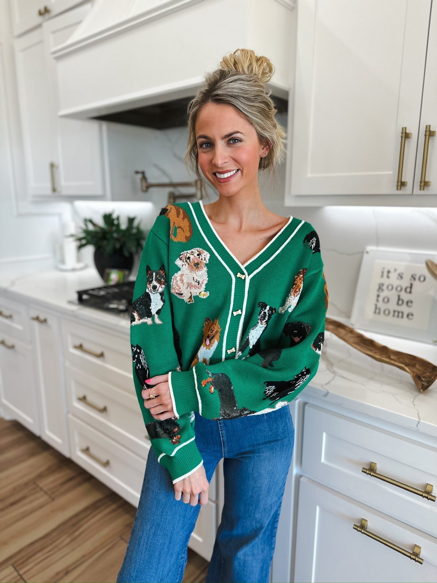 QUEEN OF SPARKLES GREEN DOG BUTTON UP CARDIGAN - Tops
