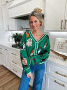 QUEEN OF SPARKLES GREEN DOG BUTTON UP CARDIGAN - Tops