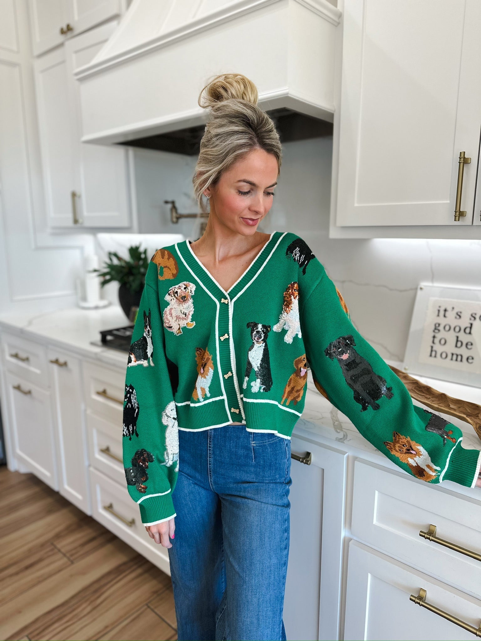 QUEEN OF SPARKLES GREEN DOG BUTTON UP CARDIGAN - Tops