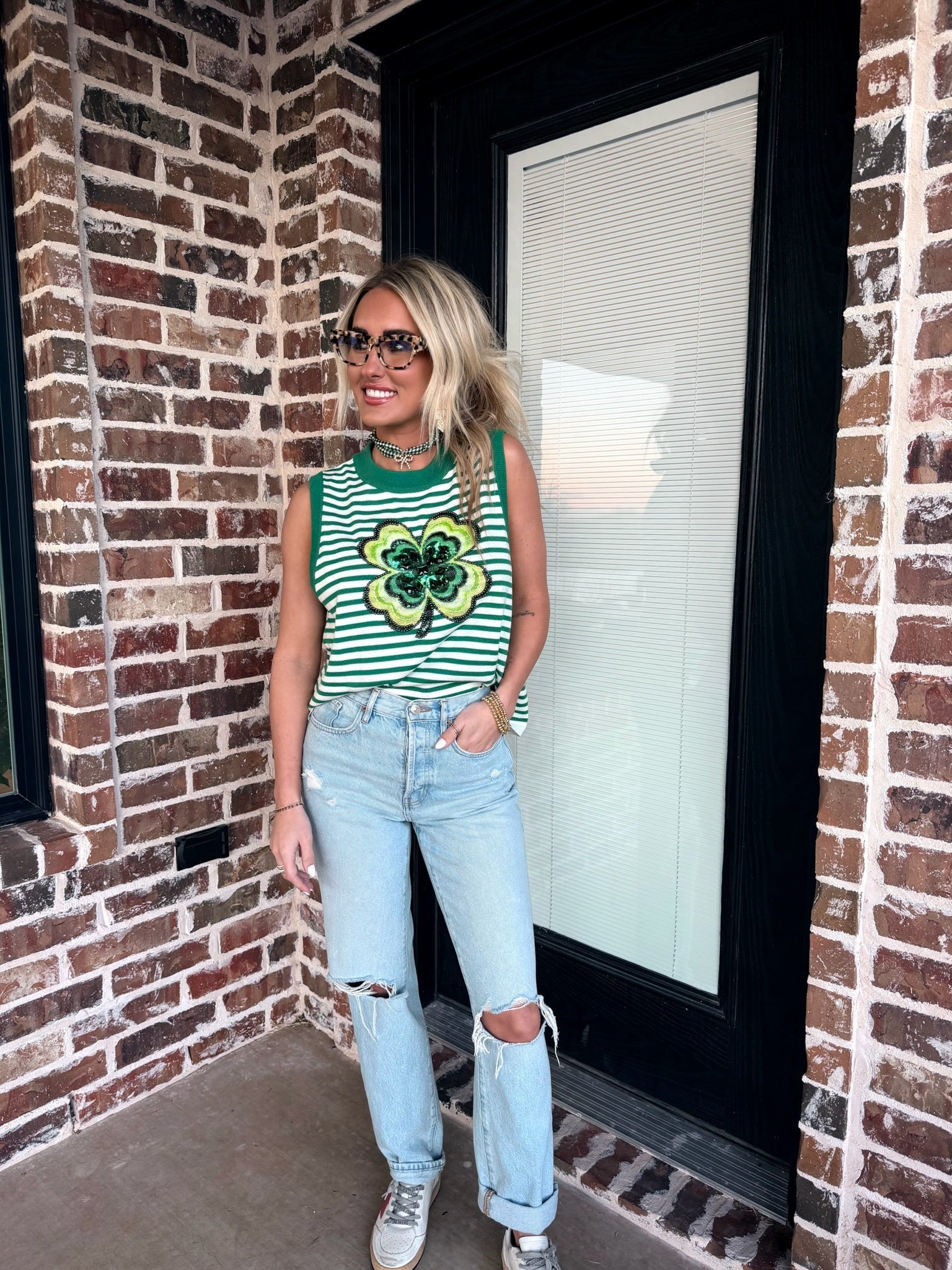 QUEEN OF SPARKLES GREEN AND WHITE STRIPED SHAMROCK KNIT TANK - Tops