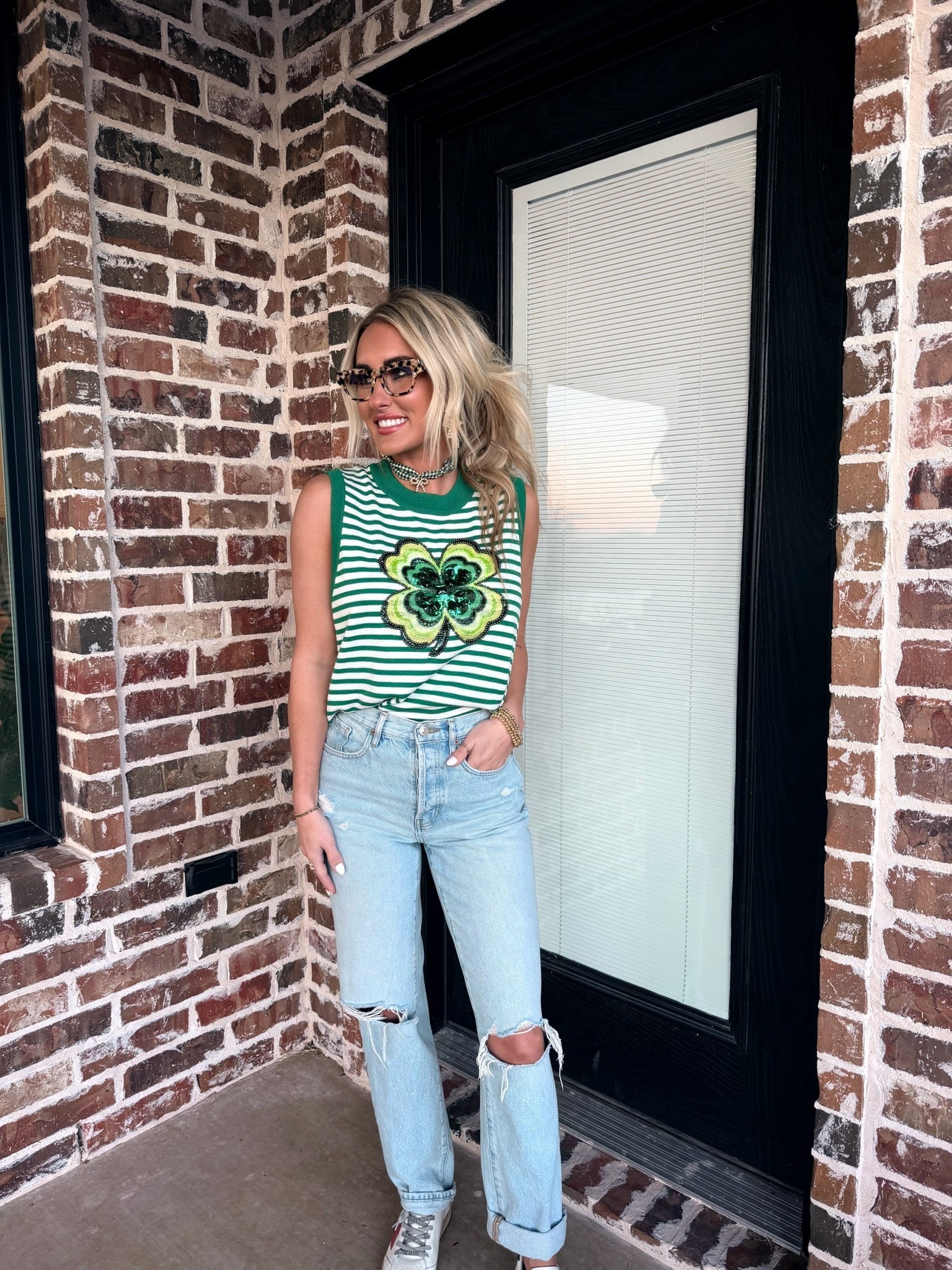 QUEEN OF SPARKLES GREEN AND WHITE STRIPED SHAMROCK KNIT TANK - Tops