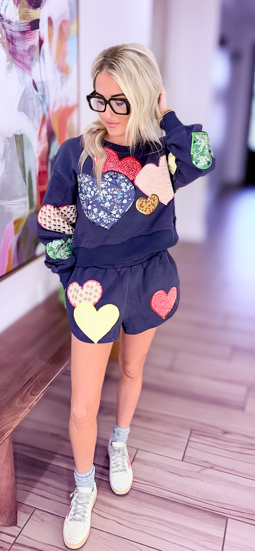 QUEEN OF SPARKLES NAVY MULTI EMBROIDERED HEART SHORTS - Bottoms