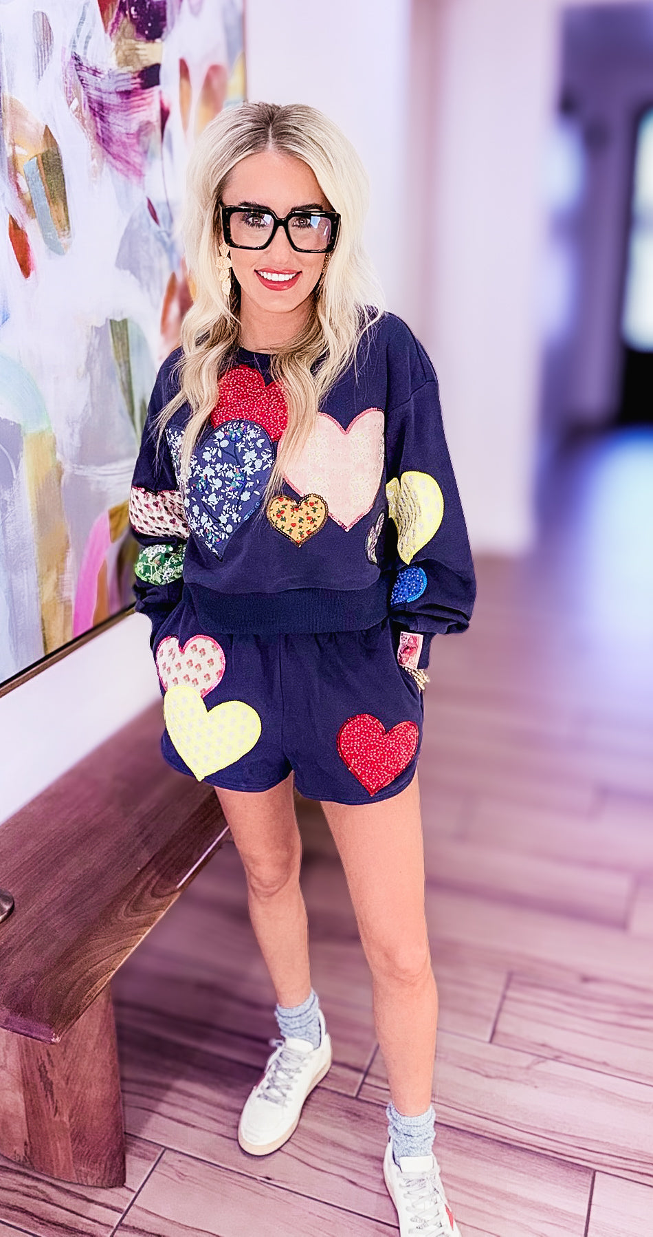 QUEEN OF SPARKLES NAVY MULTI EMBROIDERED HEARTS SWEATSHIRT - Tops