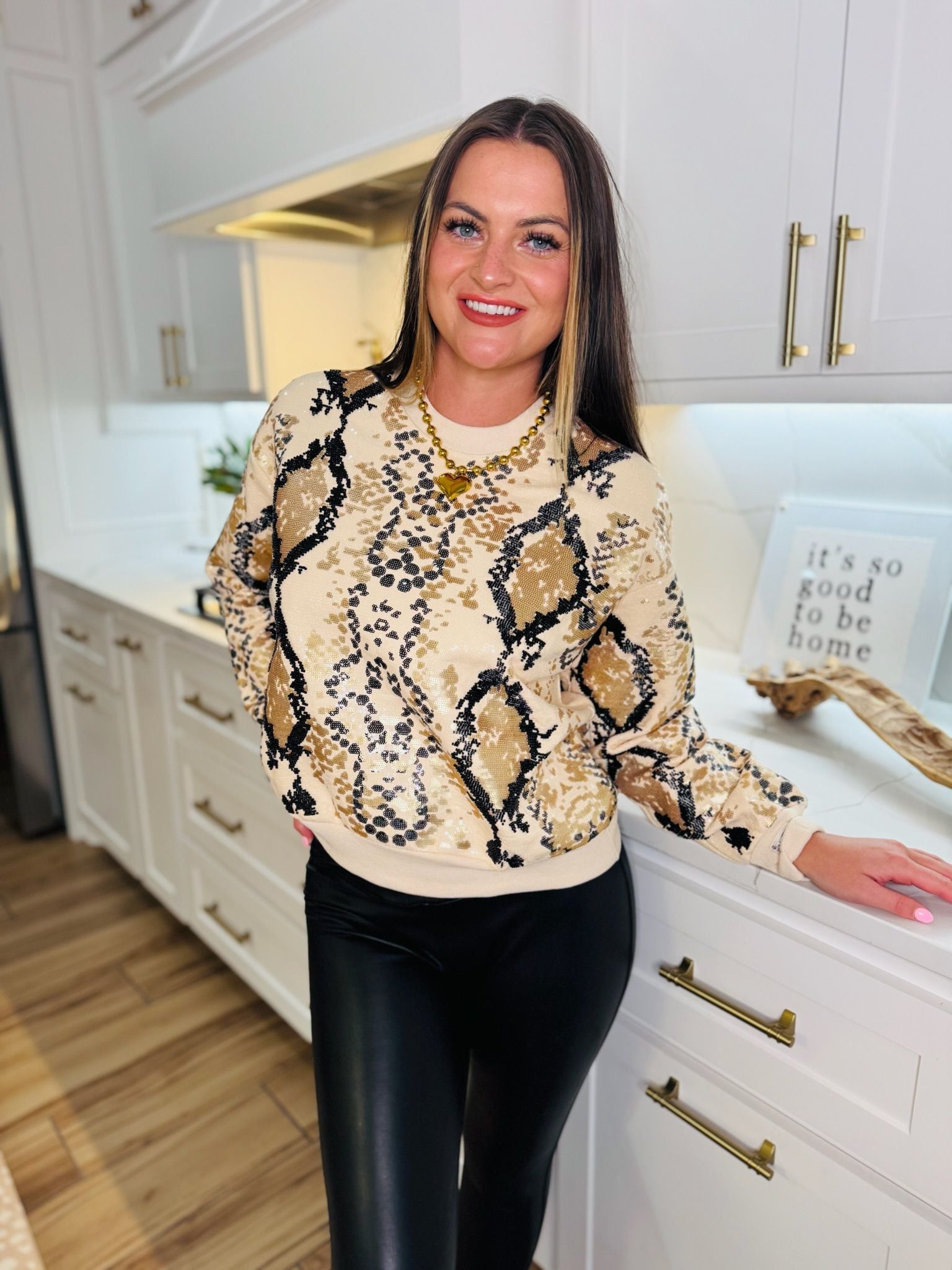 NEUTRAL AND BLACK PYTHON PRINT QUEEN OF SPARKLES SWEATSHIRT - Tops
