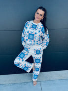 QUEEN OF SPARKLES IVORY,BLUE & LIGHT PINK PATCH SWEAT PANT - Bottoms