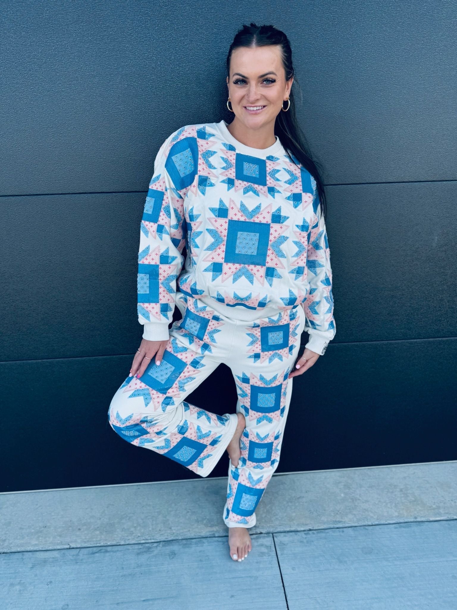 QUEEN OF SPARKLES IVORY,BLUE & LIGHT PINK PATCH SWEAT PANT - Bottoms