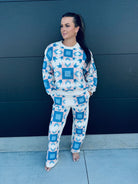 QUEEN OF SPARKLES IVORY,BLUE & LIGHT PINK PATCH SWEAT PANT - Bottoms