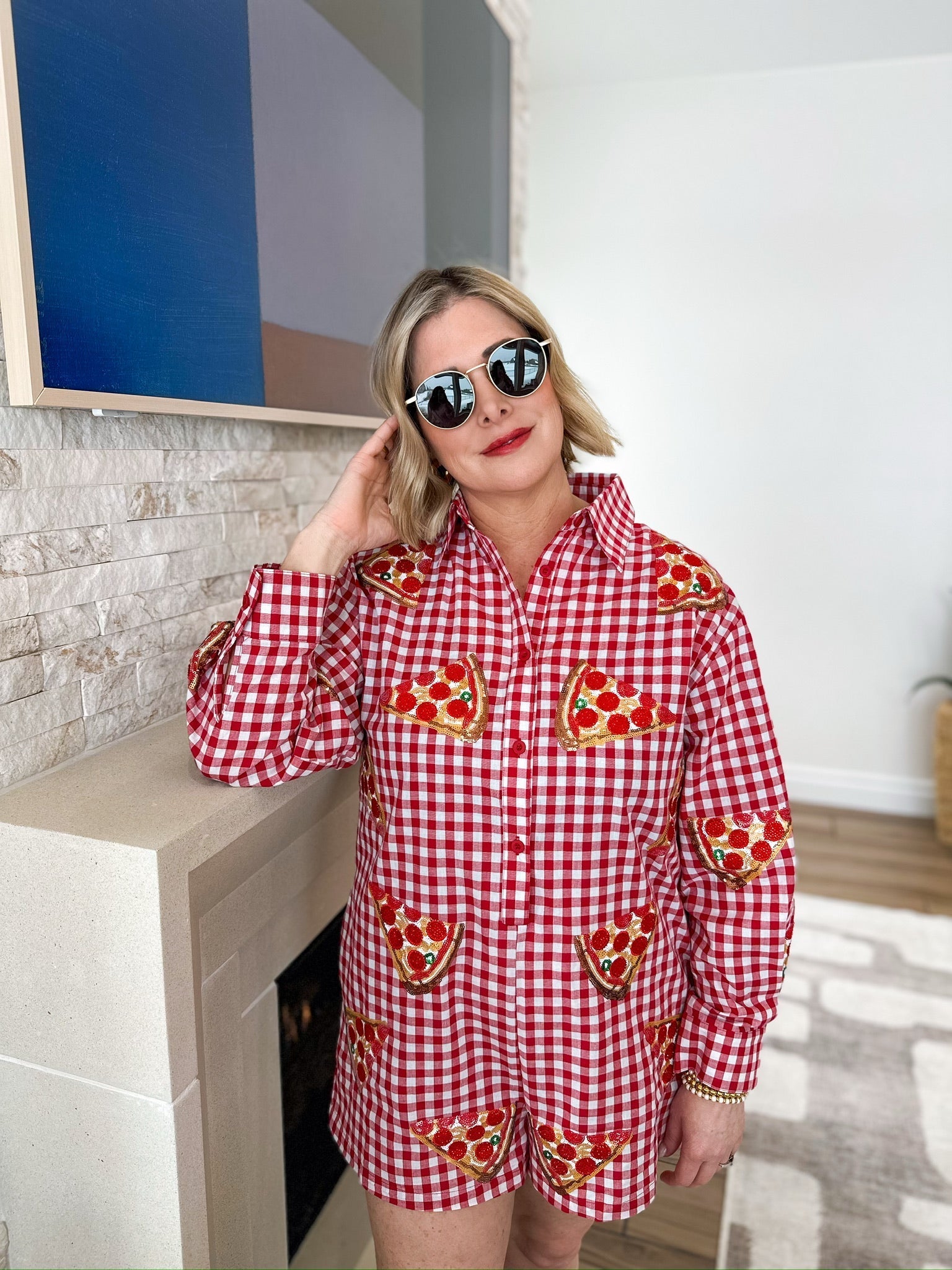 QOS RED GINGAM PIZZA BUTTON UP ROMPER - Dress