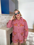QOS RED GINGAM PIZZA BUTTON UP ROMPER - Dress