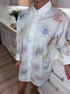 QUEEN OF SPARKLES WHITE SPLATTER BUTTON UP DRESS - Dress